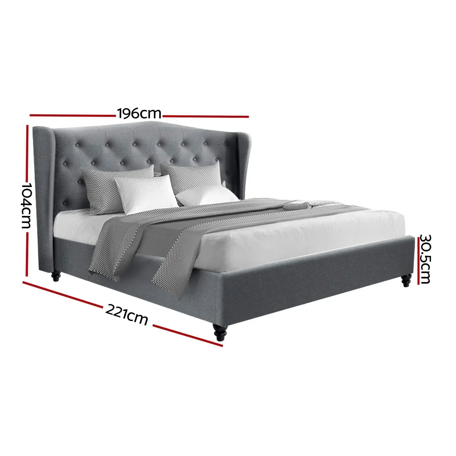 King size grey upholstered bed frame with tufted headboard and product dimensions shown