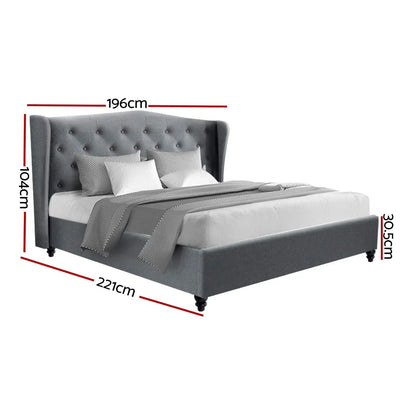 King size grey upholstered bed frame with tufted headboard and product dimensions shown
