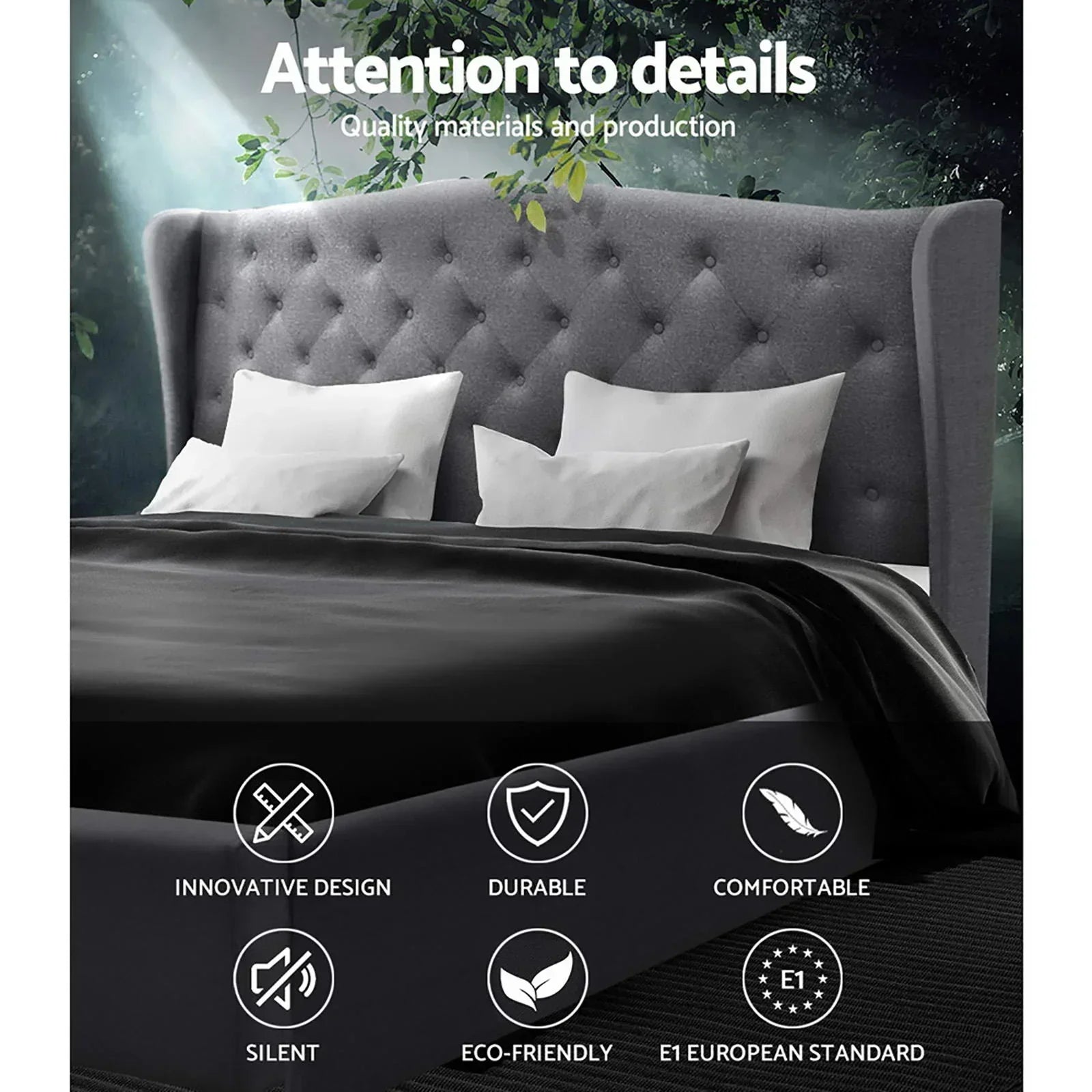 Gray tufted bed frame with wingback headboard, white pillows, black bedding, and icon features