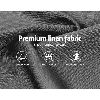 Black premium linen fabric with soft touch, breathable and wear-resistant features highlighted.