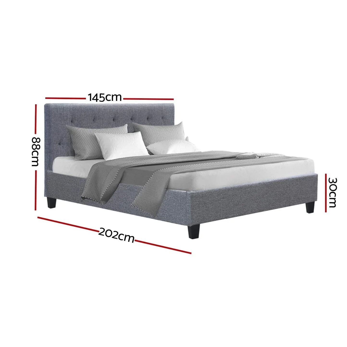 Grey upholstered bed frame with tufted headboard and dimensions 145cm x 202cm x 88cm