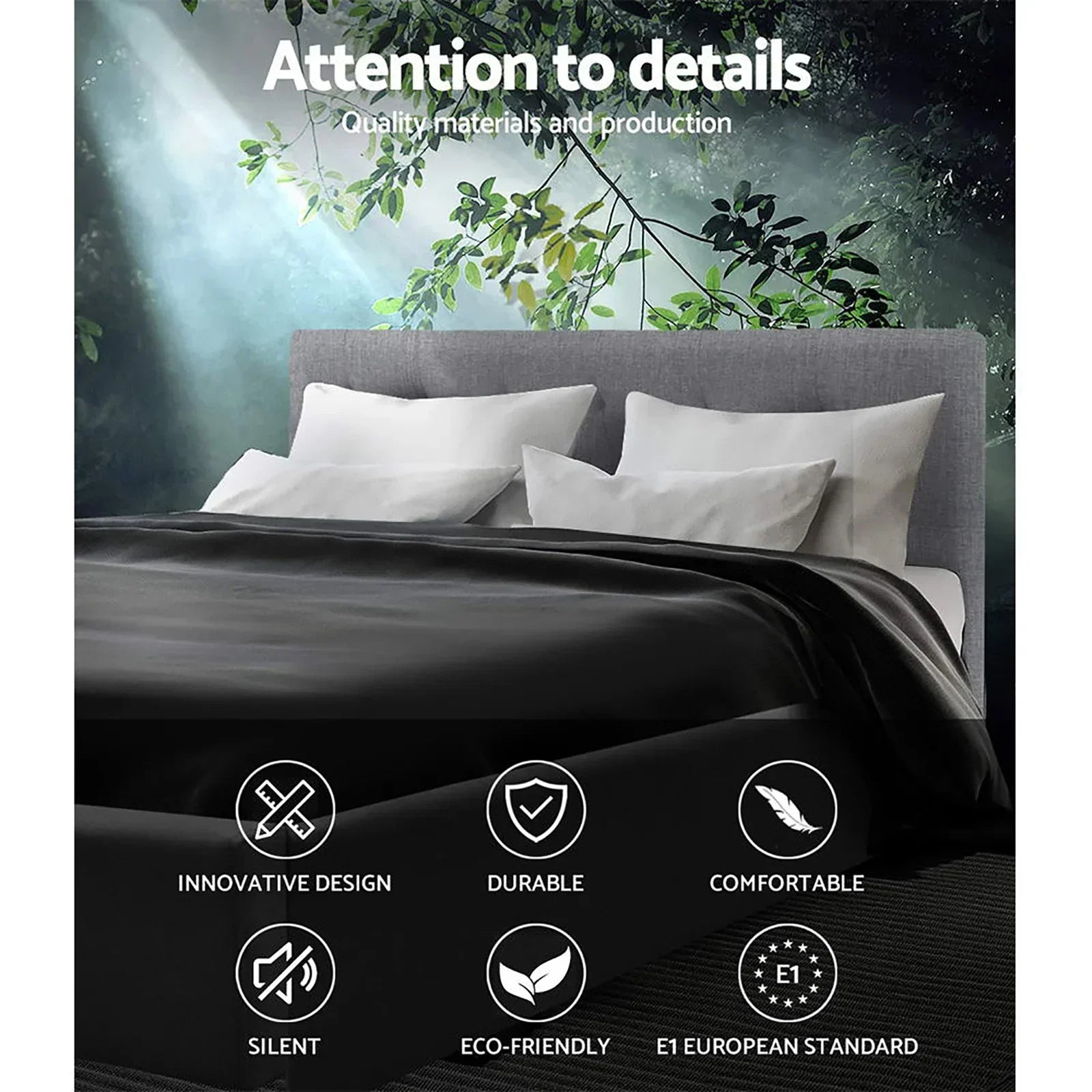 Modern bed with grey headboard, white pillows, black bedding, forest mural, eco-friendly icons