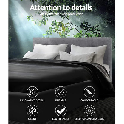 Modern bed with grey headboard, white pillows, black bedding, forest mural, eco-friendly icons
