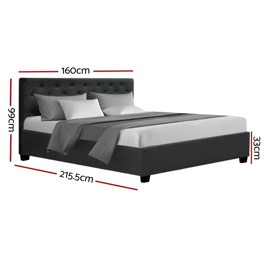 Dark grey queen bed frame with tufted headboard, mattress, and visible dimensions
