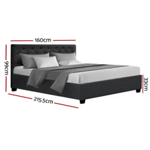 Dark grey queen bed frame with tufted headboard, mattress, and visible dimensions