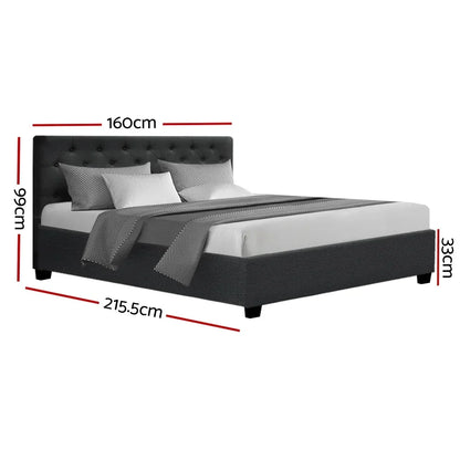Dark grey queen bed frame with tufted headboard, mattress, and visible dimensions