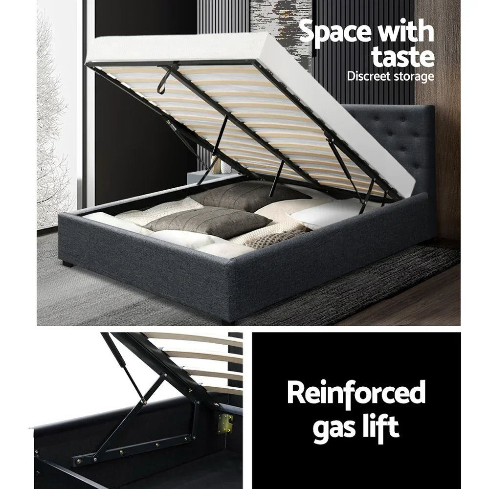 Charcoal fabric gas lift storage bed with tufted headboard and discreet under-mattress storage.