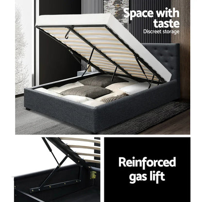 Charcoal fabric gas lift storage bed with tufted headboard and discreet under-mattress storage.