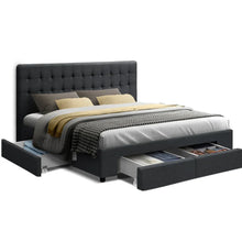 Modern grey upholstered bed frame with tufted headboard and under bed storage drawers