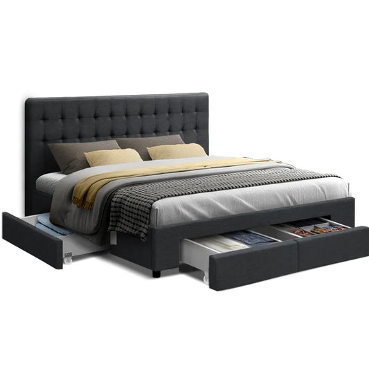 Modern grey upholstered bed frame with tufted headboard and under bed storage drawers