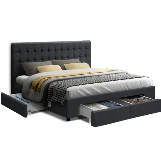 Modern grey upholstered bed frame with tufted headboard and under bed storage drawers