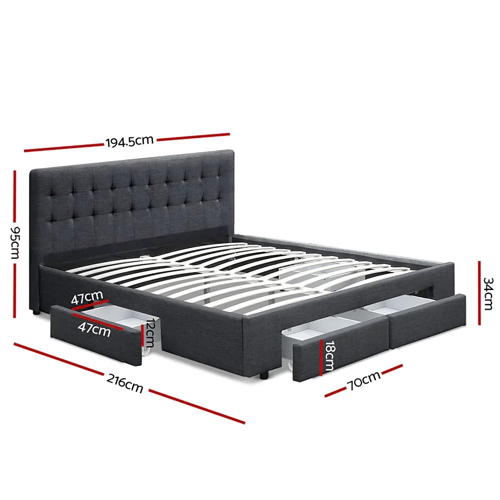 Dark grey upholstered bed frame with tufted headboard, four storage drawers, and size dimensions.