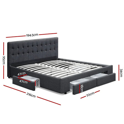 Dark grey upholstered bed frame with tufted headboard, four storage drawers, and size dimensions.