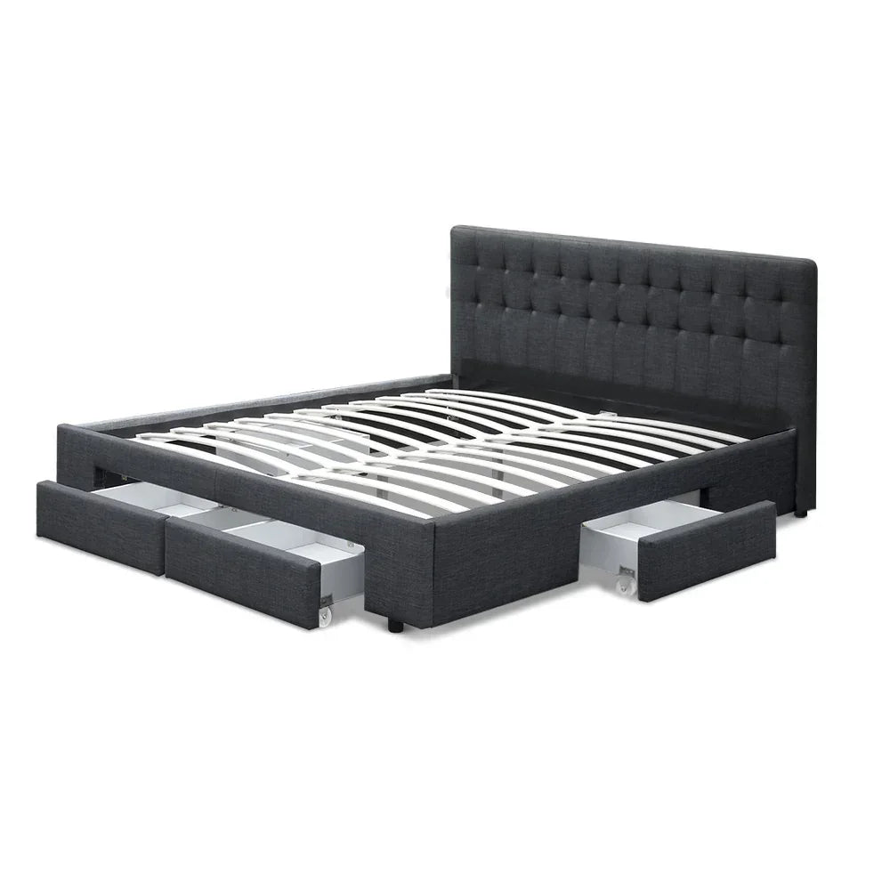 Dark grey upholstered bed frame with tufted headboard and four pull-out storage drawers