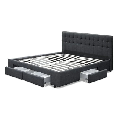 Dark grey upholstered bed frame with tufted headboard and four pull-out storage drawers