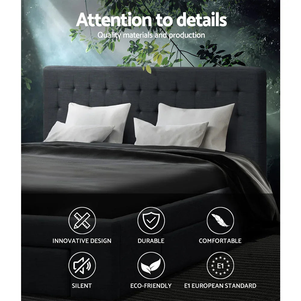 Modern upholstered bed frame with dark tufted headboard, white pillows, and black bedding
