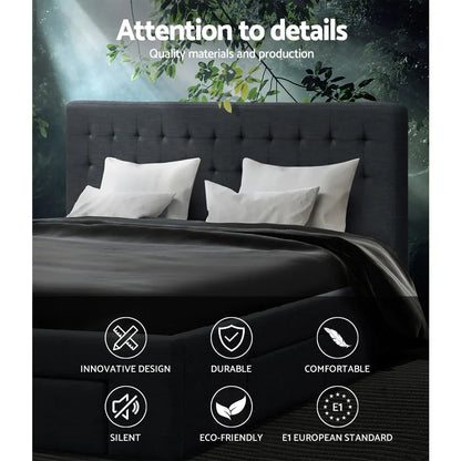 Modern upholstered bed frame with dark tufted headboard, white pillows, and black bedding