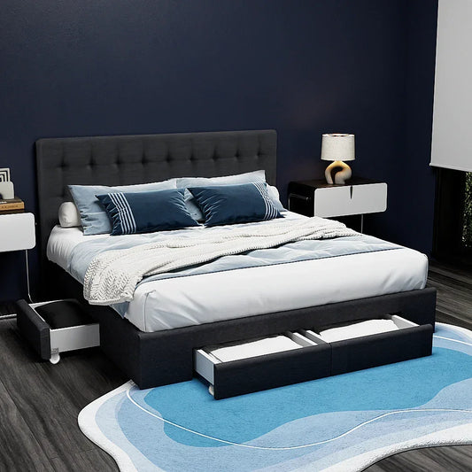 Modern queen bed with storage drawers, blue bedding, and nightstands in a stylish bedroom