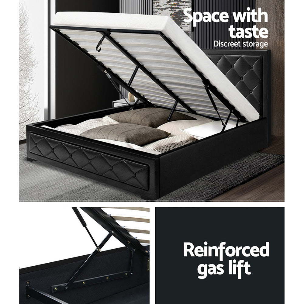 Artiss Tiyo Gas Lift Bed Frame Double Black with Storage 300kg