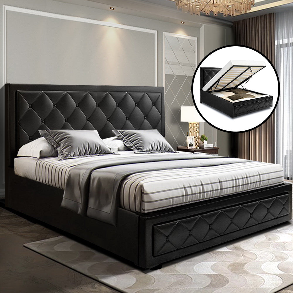 Artiss Tiyo Gas Lift Bed Frame Double Black with Storage 300kg