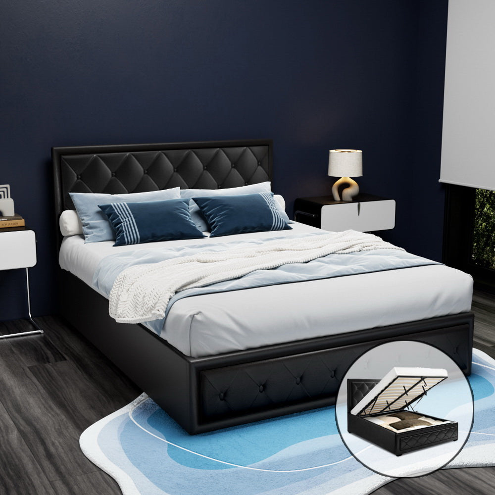 Artiss Tiyo Gas Lift Bed Frame Double Black with Storage 300kg