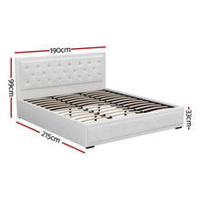 White upholstered bed frame with slatted base, tufted headboard, and size dimensions in cm