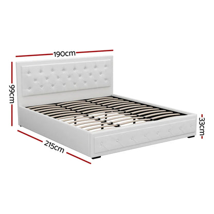 White upholstered bed frame with slatted base, tufted headboard, and size dimensions in cm