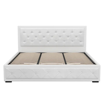 White upholstered bed frame with tufted headboard and wooden slat base, modern design