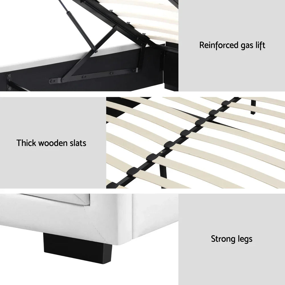 Gas lift bed frame with reinforced mechanism, thick wooden slats, and sturdy support legs.