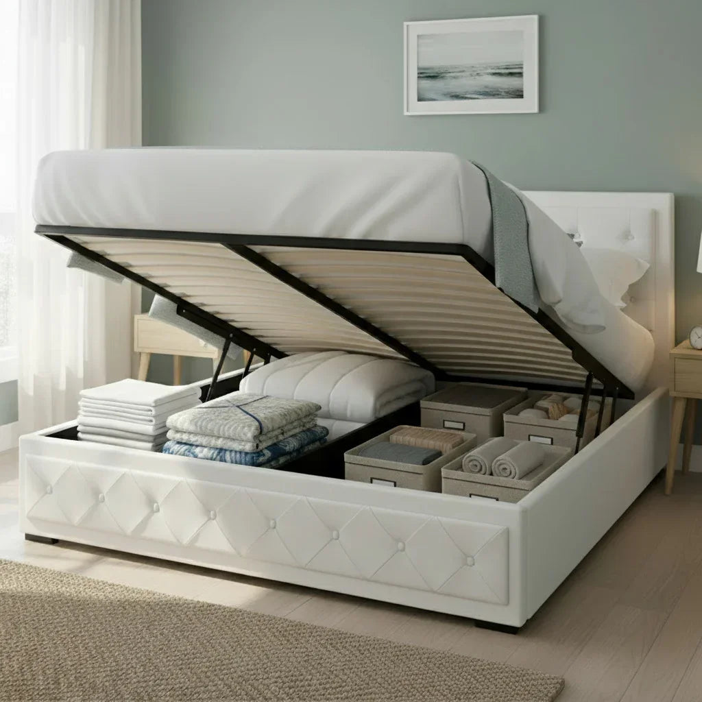 White upholstered storage bed with lift-up mattress, organized bedding and boxes inside