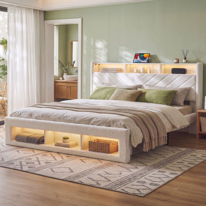 Artiss King Bed Frame With Storage Charging Station LED White