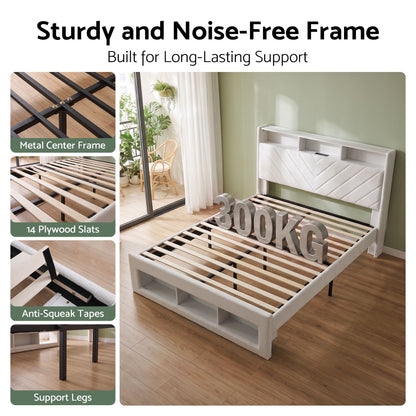 Artiss King Bed Frame With Storage Charging Station LED White