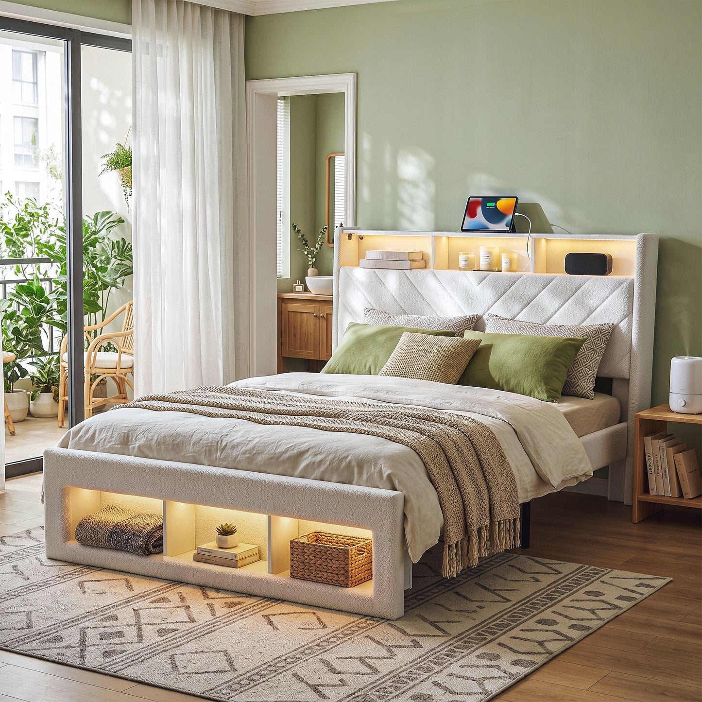 Artiss Queen Bed Frame With Storage Charging Station LED White
