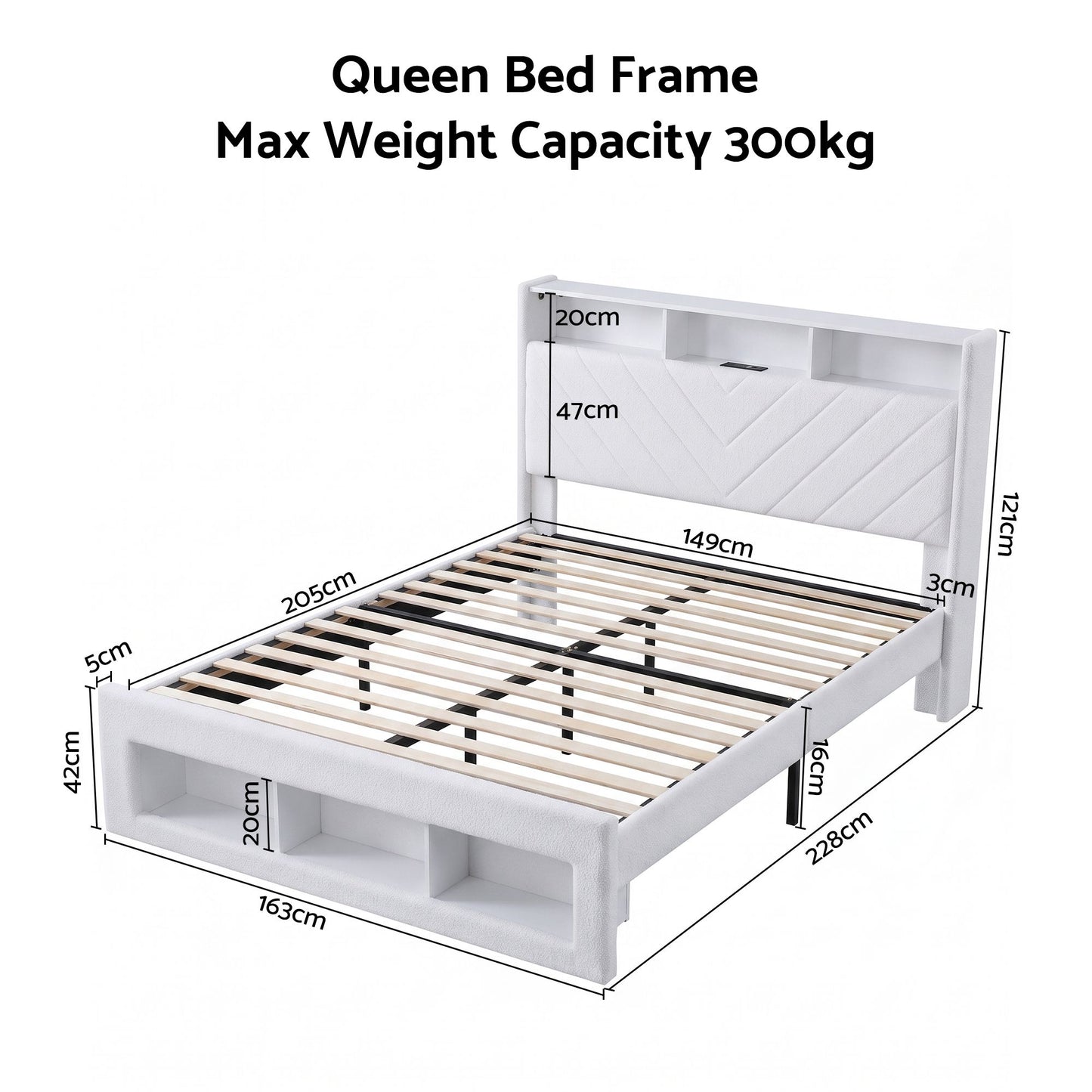 Artiss Queen Bed Frame With Storage Charging Station LED White