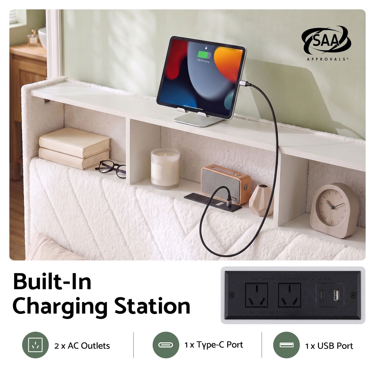 Artiss Queen Bed Frame With Storage Charging Station LED White