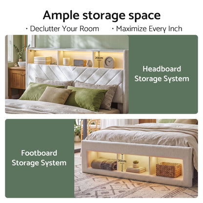Artiss Queen Bed Frame With Storage Charging Station LED White