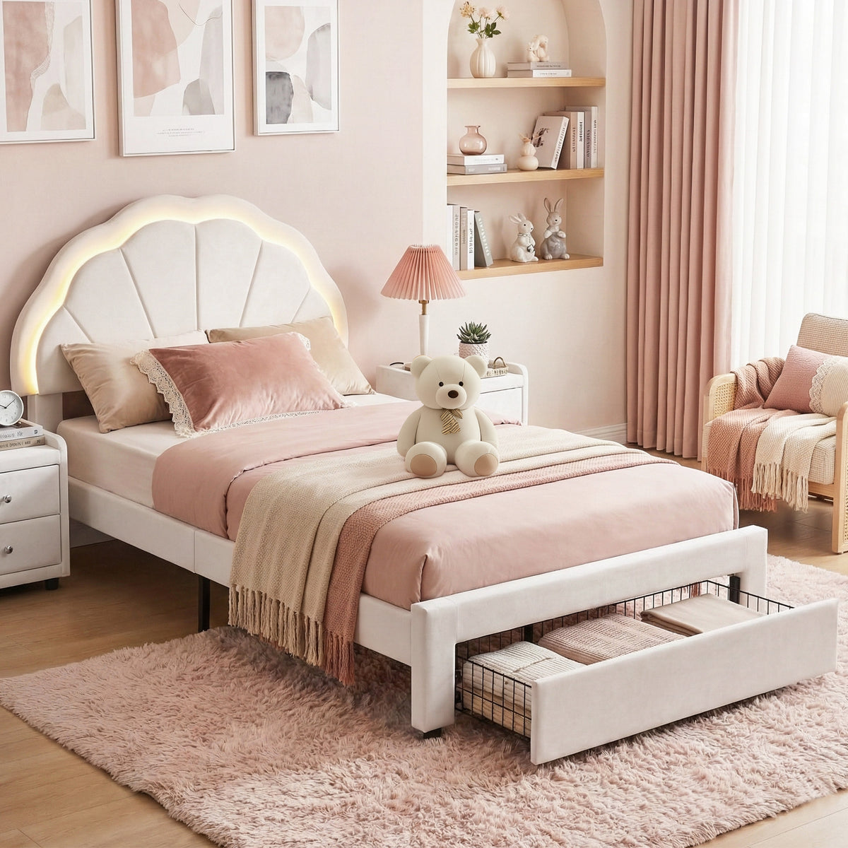 Artiss GLOW king single bed frame with velvet upholstered headboard, built-in LED lighting and underbed storage drawer