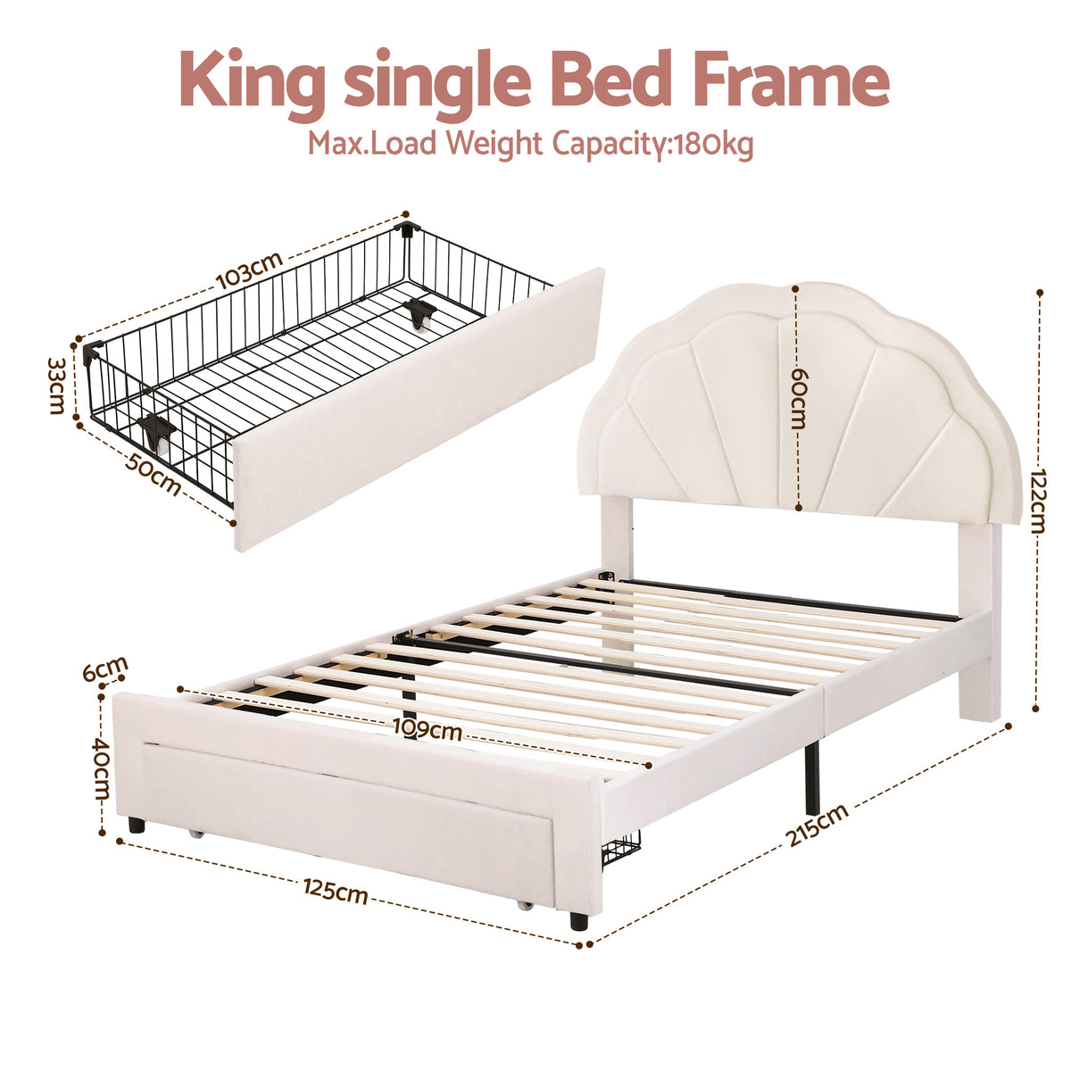 Velvet upholstered king single bed frame with rounded headboard edges for child safety
