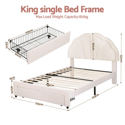 Velvet upholstered king single bed frame with rounded headboard edges for child safety