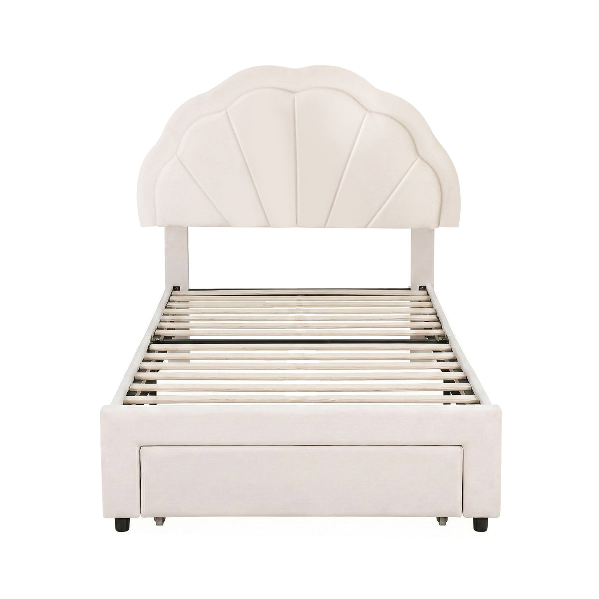 Large underbed storage drawer on smooth glide wheels at the bed end of the Artiss GLOW frame