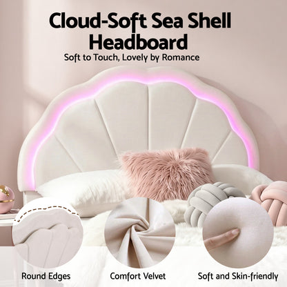 Built-in LED mood lighting along the velvet headboard of the Artiss GLOW bed frame