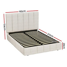 Beige upholstered queen bed frame with slatted base and labeled dimensions