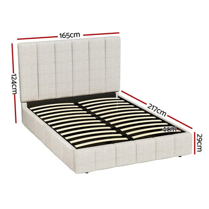 Beige upholstered queen bed frame with slatted base and labeled dimensions