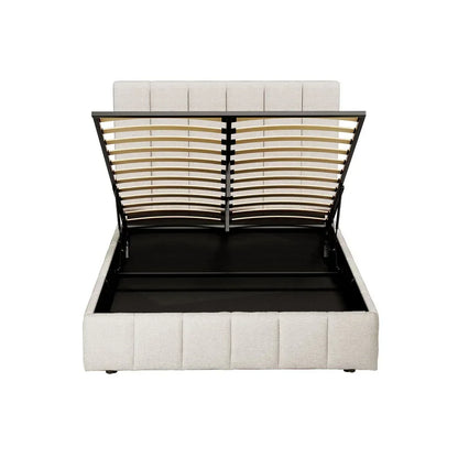 Beige upholstered storage bed frame with open gas lift slatted base, white background