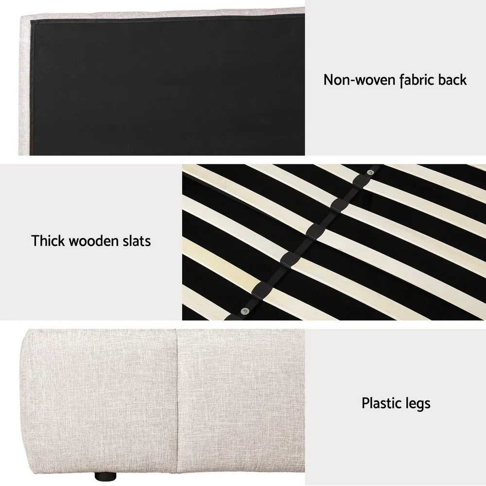 Bed frame details showing non-woven fabric back, thick wooden slats, and plastic legs.
