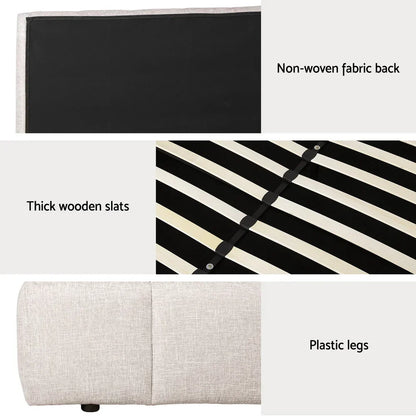 Bed frame details showing non-woven fabric back, thick wooden slats, and plastic legs.
