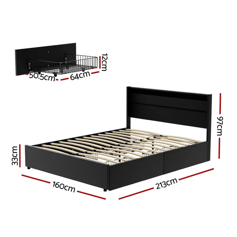 Black queen bed frame with wooden slats, headboard, underbed storage, and dimensions labeled