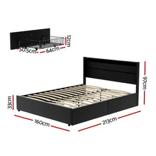Black queen bed frame with wooden slats, headboard, underbed storage, and dimensions labeled