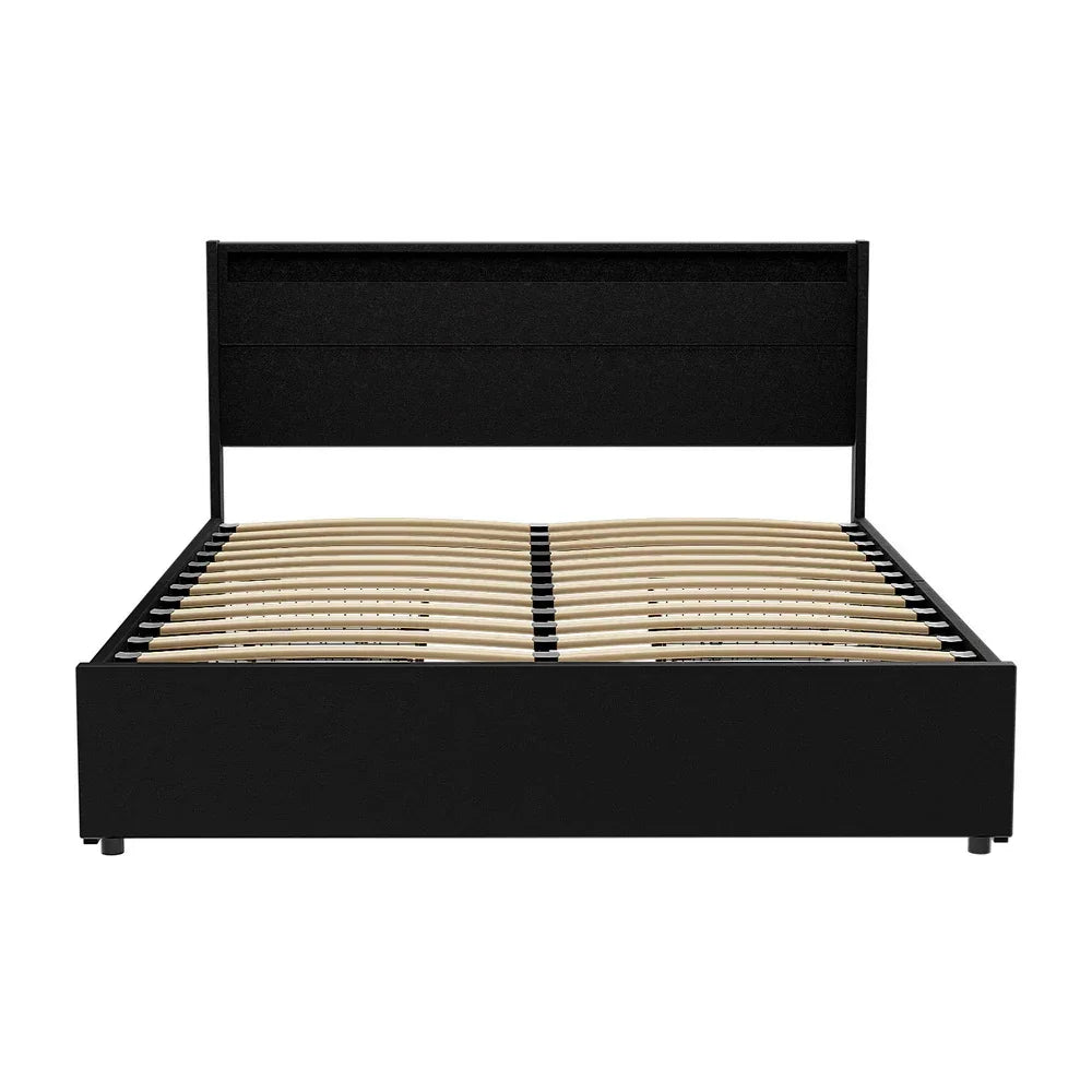 Black queen bed frame with slatted wooden base and simple headboard, front view