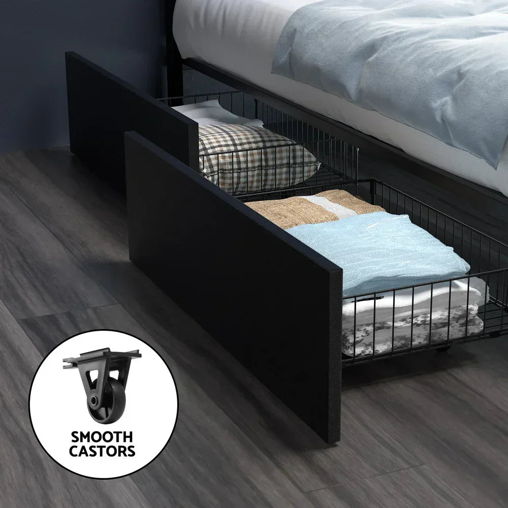 Underbed storage drawers with smooth castors, black finish, shown with folded bedding
